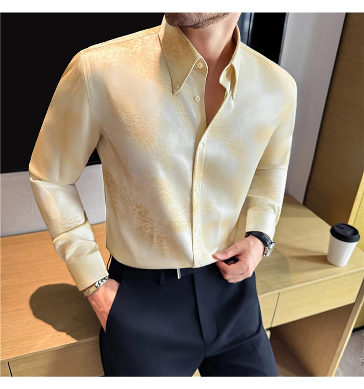 Camisa de manga larga de seda de imitación para hombre, camisa informal estampada de Color degradado a la moda, ropa Social de negocios, ropa de calle para hombre