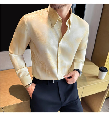 Camisa de manga larga de seda de imitación para hombre, camisa informal estampada de Color degradado a la moda, ropa Social de negocios, ropa de calle para hombre