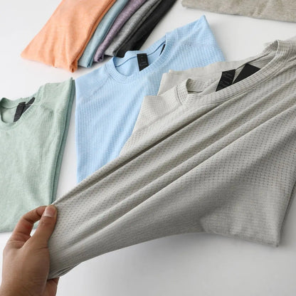 Camiseta Deportiva sin Costuras para Hombre, de Secado Rápido, Transpirable, con Malla Técnica, para Gimnasio, de Alta Elasticidad, para Fisicoculturismo y Fitness, de Manga Corta