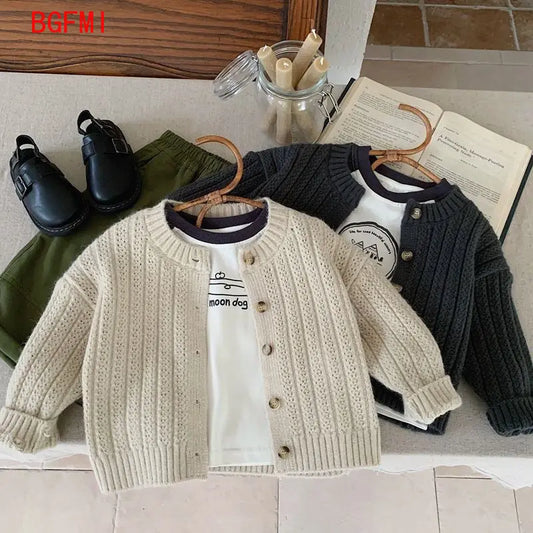 Ropa de primavera y otoño para niños, suéter suave y cómodo, chaqueta, cárdigans para niños y niñas, camisas de punto, Top Beige/gris a la moda