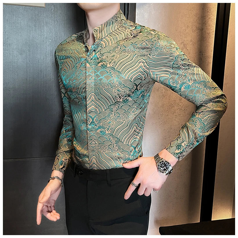 Camisas estampadas de manga larga con cuello levantado para primavera y otoño, camisa informal de moda para hombre de estilo chino Formal Social de negocios