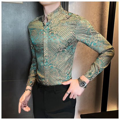 Camisas estampadas de manga larga con cuello levantado para primavera y otoño, camisa informal de moda para hombre de estilo chino Formal Social de negocios