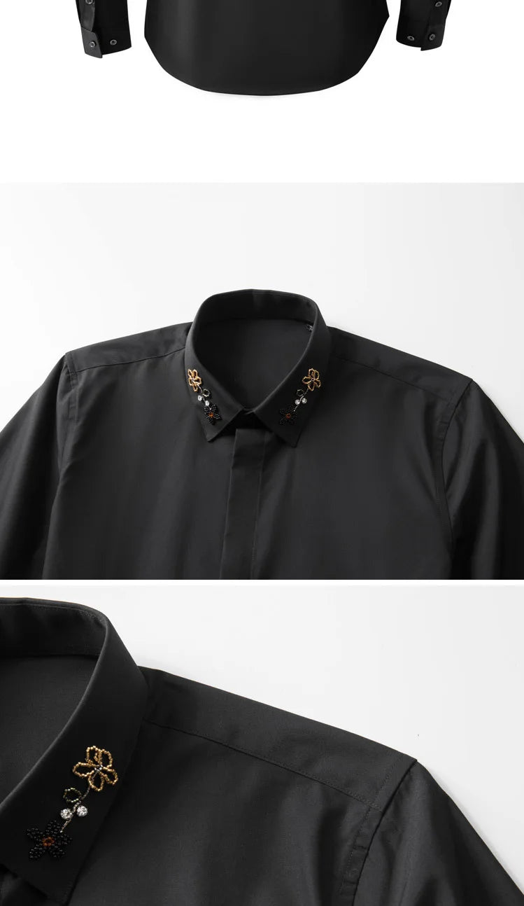 Camisa con cuentas hecha a mano para hombre, camisa de vestir Social de negocios de manga larga, traje informal de algodón de alta calidad para actuación en escenario de estrella