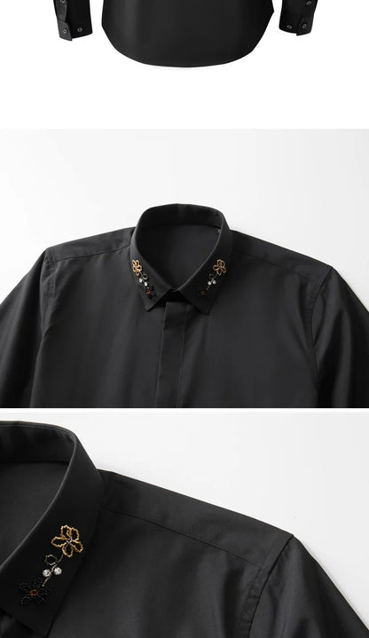 Camisa con cuentas hecha a mano para hombre, camisa de vestir Social de negocios de manga larga, traje informal de algodón de alta calidad para actuación en escenario de estrella