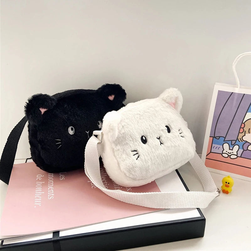 Bolso de hombro de felpa suave para niños, bolsos cruzados peludos, monedero, lindo, Gato de dibujos animados, moda de invierno