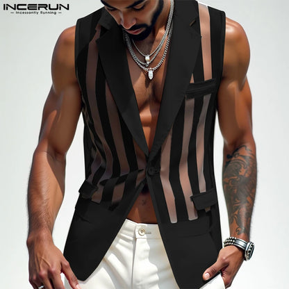 INCERUN Men Vests Mesh Striped Transparent Lapel Sleeveless One Button Casual Male Waistcoats Fashion Streetwear 2025 Vests Sexy