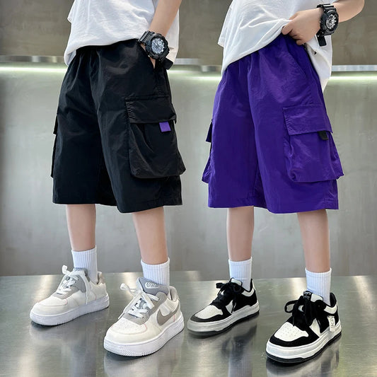 Pantalones Cortos Cargo Elegantes para Niños en Color Negro y Morado con Bolsillos Grandes para Adolescentes, Pantalones Cortos Casuales para Niños, Pantalones de Verano para Niños