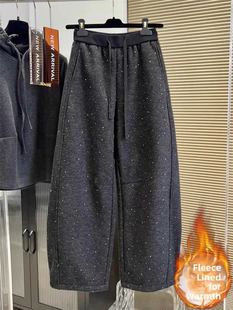 Pantalones de chándal de pierna ancha con forro polar, a la moda para principios de primavera, con empalme de diamantes, pant...