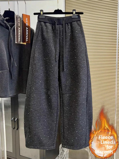 Pantalones de chándal de pierna ancha con forro polar, a la moda para principios de primavera, con empalme de diamantes, pant...