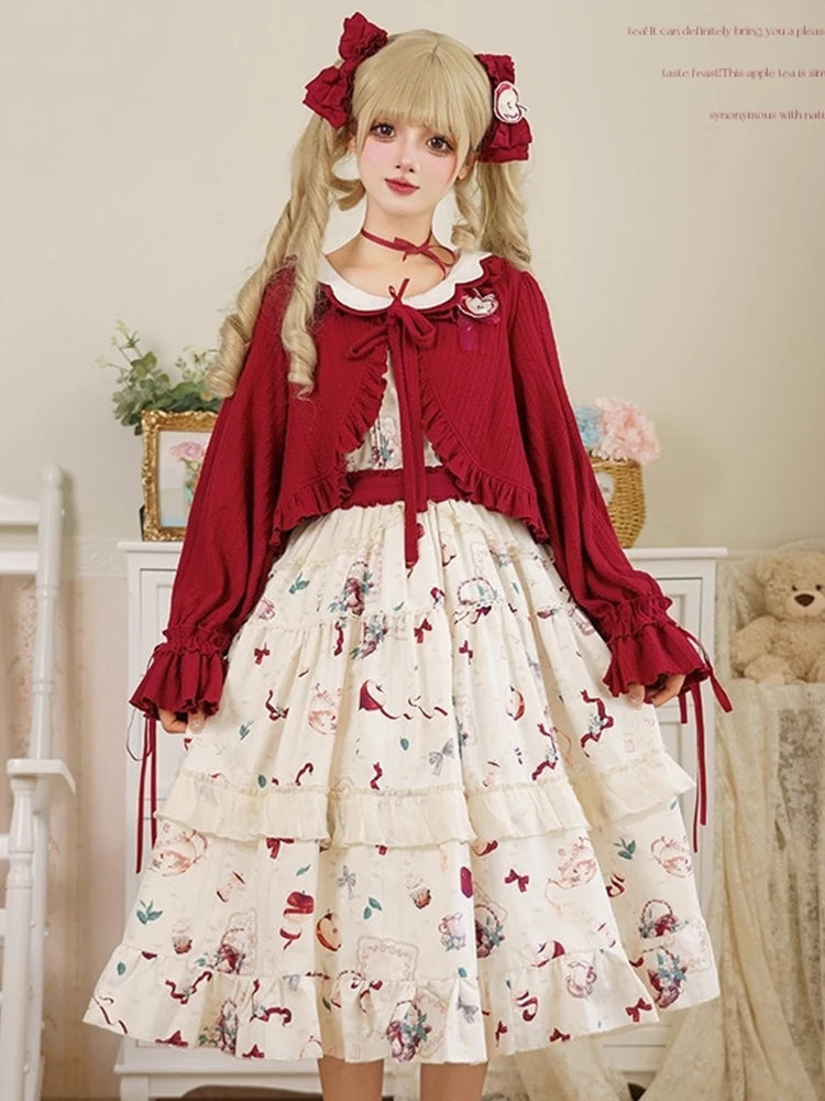 Cárdigan Kawaii Lolita para mujer, Tops cortos japoneses con volantes y cuello de pico, abrigo tejido de manga larga con lazo bonito informal para mujer, novedad de primavera