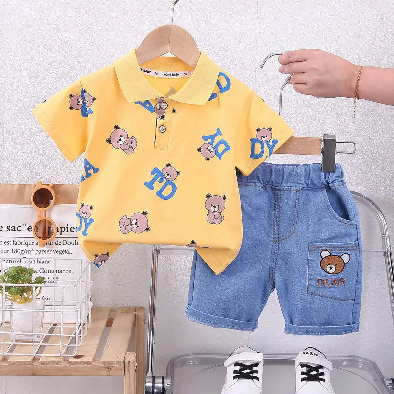 Ropa de dibujos animados para bebé, Camiseta con estampado de oso, pantalones cortos, 2 uds./Set