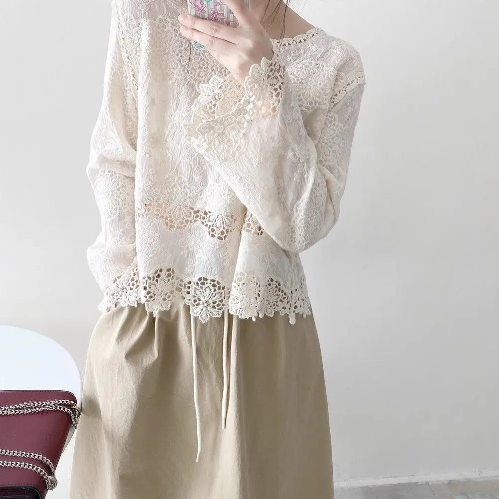 Blusas de algodón de primavera para mujer, camisas elegantes de manga larga caladas con encaje de ganchillo