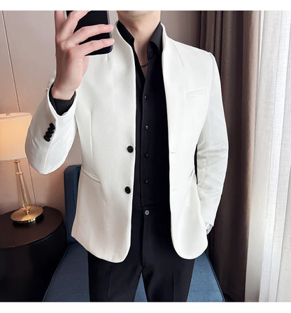 Chaqueta de traje con cuello levantado de alta calidad para hombre, chaquetas de negocios informales, abrigo coreano con gofres para boda, novio, banquete, vestido de fiesta, 2025
