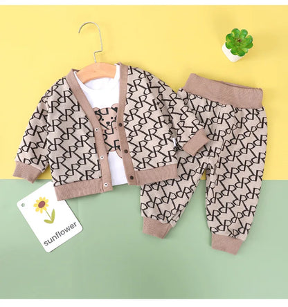 Conjunto de ropa vintage de otoño para bebé, trajes de 3 piezas para niños y niñas, cárdigan de algodón, pantalones y top, perfecto para niños pequeños de 9 a 3 años