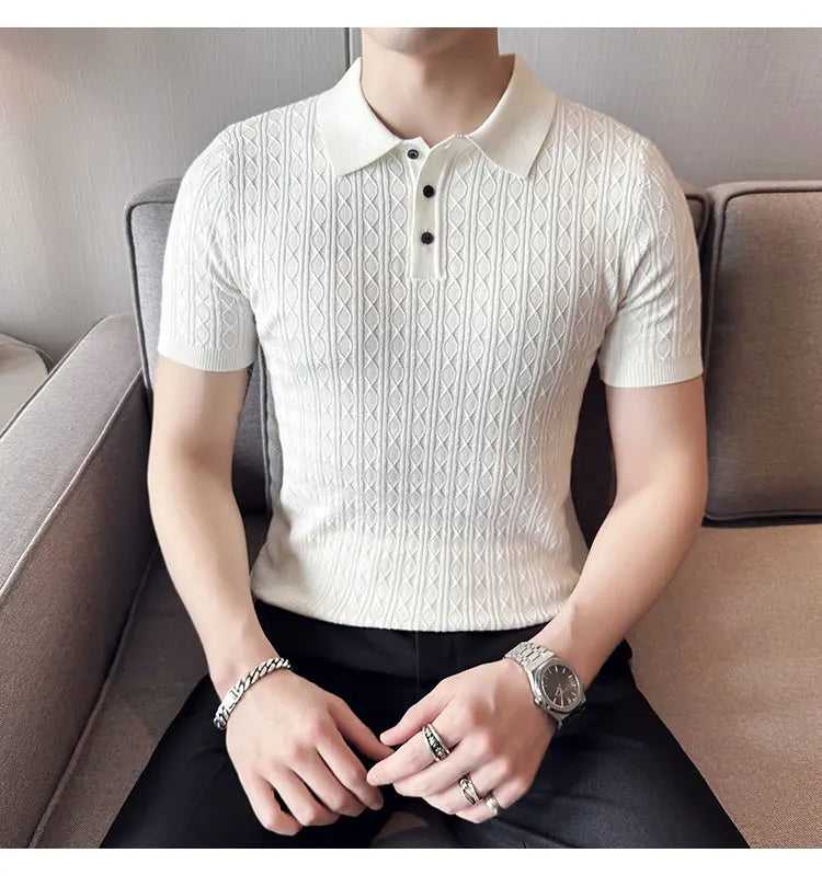 Polo de manga corta de punto Jacquard para hombre, camiseta de Golf con solapa de moda, ajustada, nueva