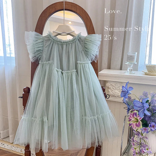 Vestido de Niña Estilo Coreano, Verano 2026, Vestido de Princesa con Mangas de Malla, Vestido de Cumpleaños para Bebé