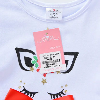 VIKITA Vestido navideño de unicornio para niñas, vestido tutú con estampado de copos de nieve de manga larga para niños con falda de tul escalonada roja y verde para Navidad