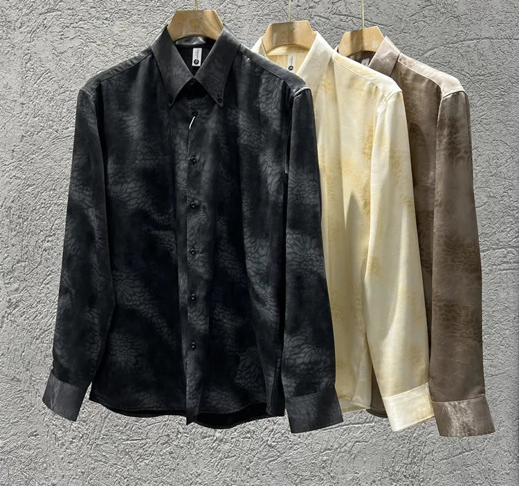 Camisa de manga larga de seda de imitación para hombre, camisa informal estampada de Color degradado a la moda, ropa Social de negocios, ropa de calle para hombre