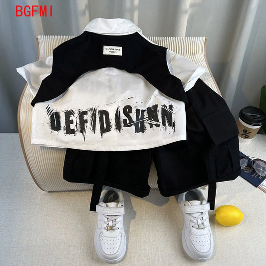 Ropa de verano para niños, traje de manga corta para bebés, ropa con estampado de letras a la moda, camisa, Top, pantalones cortos, conjunto de 2 uds.