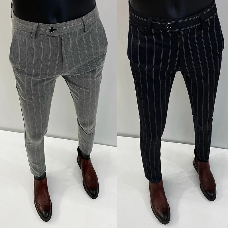 Pantalones de traje a rayas para hombre, pantalón de vestir Social para oficina de negocios, informal, ajustado, para boda, 2022