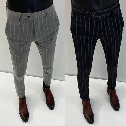 Pantalones de traje a rayas para hombre, pantalón de vestir Social para oficina de negocios, informal, ajustado, para boda, 2022
