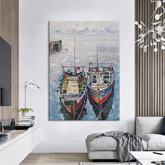 Arte de panel de pared grande pintado a mano puro, pintura acrílica de barco de vela, obra de arte en lienzo con textura + Paquete Switch In Art completo