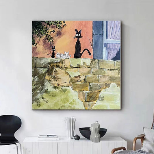 Pequeño gato negro fuera de la casa pintura al óleo de animales, artículos decorativos para el hogar, cuadro de pared de arte en lienzo moderno, para dormitorio