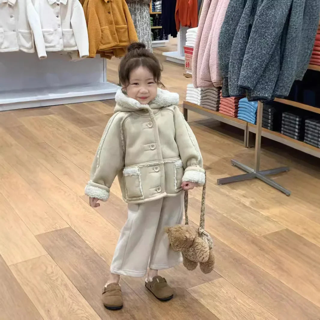 Ropa para niños, edición de invierno para niñas, abrigo coreano grueso y cálido con capucha, chaqueta dulce de moda versátil 2024