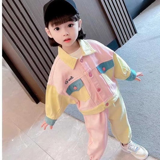 Conjunto con bolsillos para niña, chaqueta de manga larga con solapa bordada + Pantalones, ropa nueva para niño, traje de moda para niño 2024