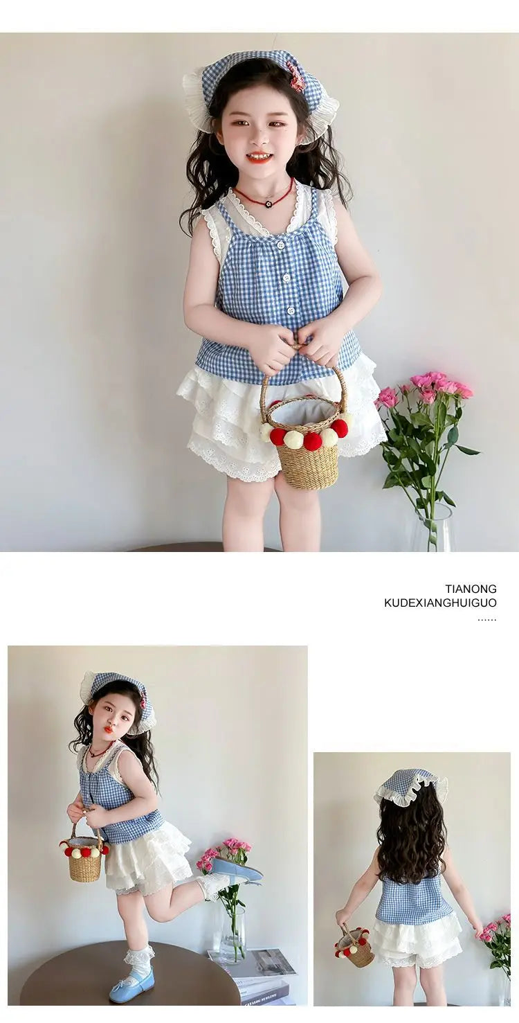 Conjunto de Dos Piezas con Estampado a Cuadros para Niñas, Top Halter con Cuello en V y Falda Corta, Mezcla de Algodón y Poli...