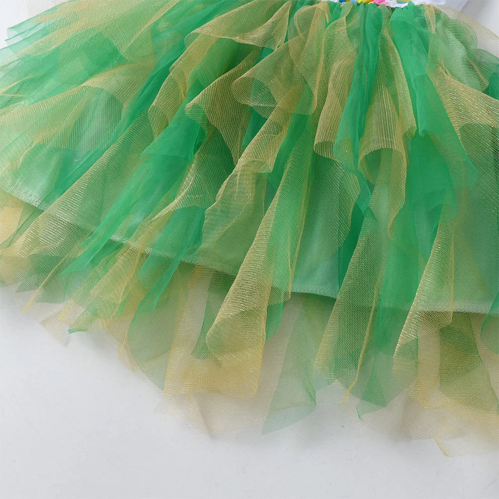 Vestido de manga acampanada para niña, vestidos de tutú irregulares de malla de tul verde para niño, vestido de Parry para Festival de vacaciones de princesa unicornio brillante