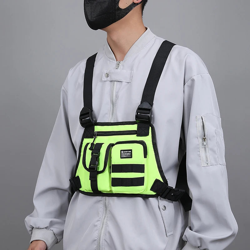 Hip-hop de moda para hombre con múltiples bolsillos bolso de pecho táctico funcional ligero viaje duradero bolso de chaleco deportivo de moda