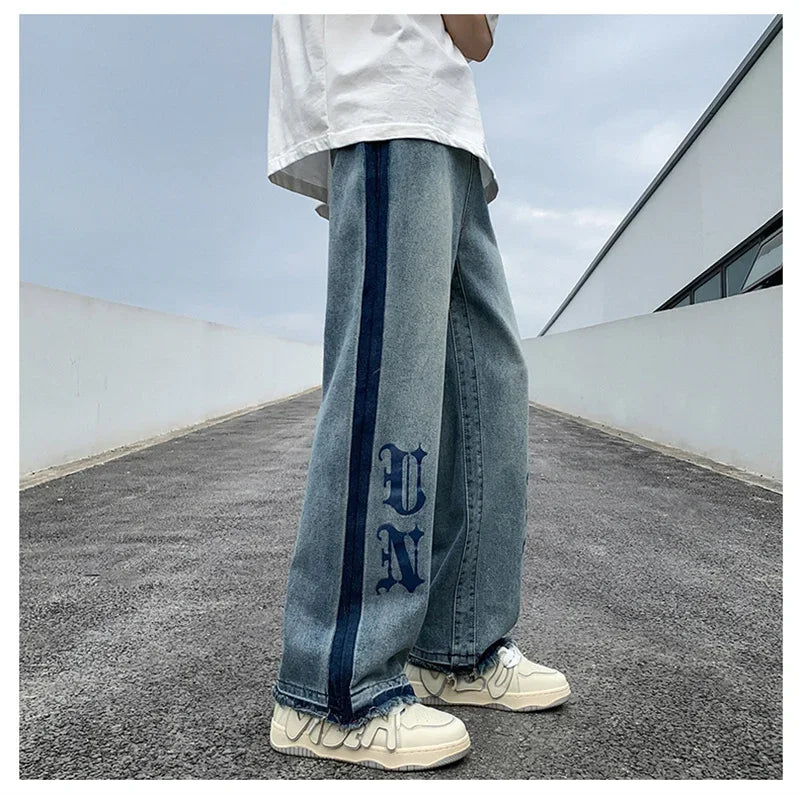 Nuevos pantalones vaqueros holgados azules con estampado de letras góticas Y2K para hombre, ropa de calle Vintage, pantalones vaqueros de pierna recta, pantalones vaqueros holgados de moda Hip Hop