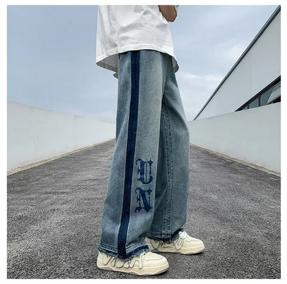 Nuevos pantalones vaqueros holgados azules con estampado de letras góticas Y2K para hombre, ropa de calle Vintage, pantalones vaqueros de pierna recta, pantalones vaqueros holgados de moda Hip Hop