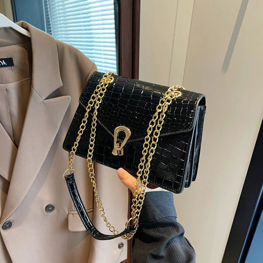 Bolso de hombro con cadena de cuero PU con patrón de cocodrilo, bolso cruzado con diseño de cerradura de lujo, bolso de mensajero de hombro de tendencia de moda