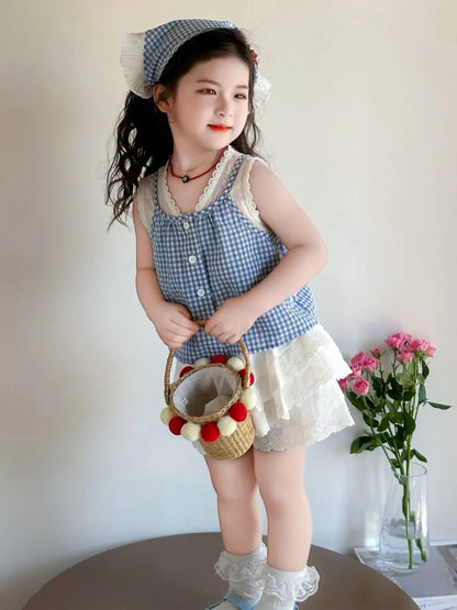 Conjunto de Dos Piezas con Estampado a Cuadros para Niñas, Top Halter con Cuello en V y Falda Corta, Mezcla de Algodón y Poli...