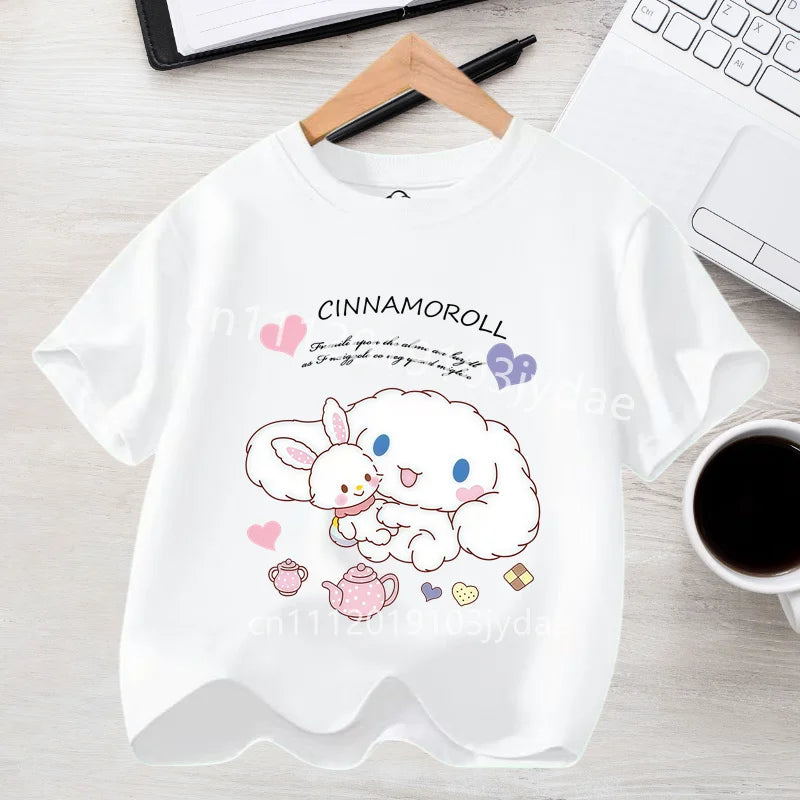 Camiseta de Manga Corta para Niños, Estilo Urbano, Verano 2026, Ropa Casual, Regalo Kawaii, Linda Camiseta de Cinnamoroll para Niña, Camiseta de Algodón con Estampado de Anime