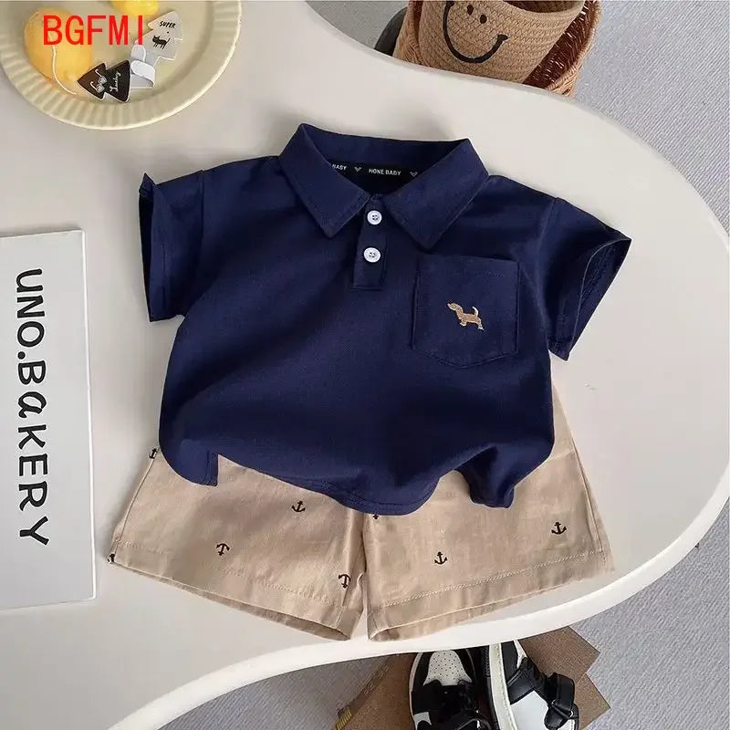 Conjunto de camisa Polo fina de verano para niños pequeños, camisa bordada de dibujos animados de manga corta para bebés + pantalones cortos informales completamente estampados, conjunto de 2 uds.