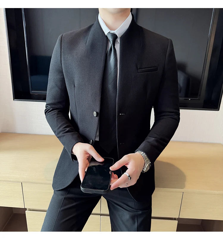 Chaqueta de traje con cuello levantado de alta calidad para hombre, chaquetas de negocios informales, abrigo coreano con gofres para boda, novio, banquete, vestido de fiesta, 2025