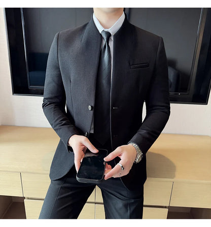 Chaqueta de traje con cuello levantado de alta calidad para hombre, chaquetas de negocios informales, abrigo coreano con gofres para boda, novio, banquete, vestido de fiesta, 2025
