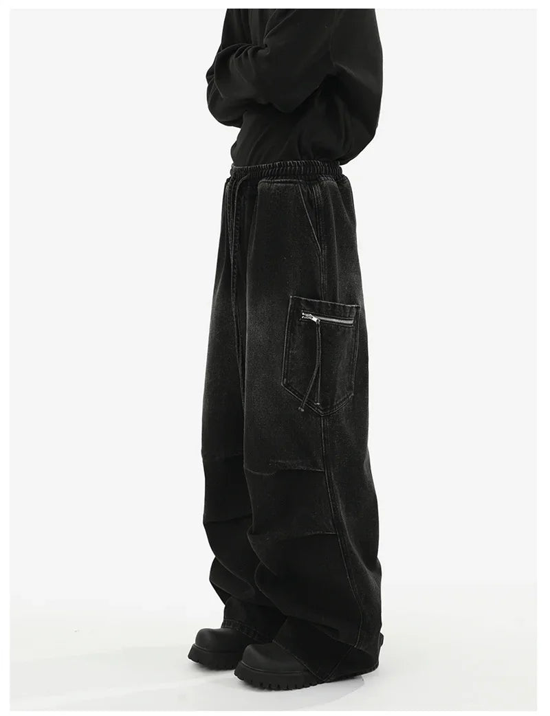 Pantalones vaqueros Cargo plisados de calle alta de otoño para Hombre, Pantalones vaqueros rectos de pierna ancha con bolsillo, moda Hip Hop Y2K, Vaqueros holgados