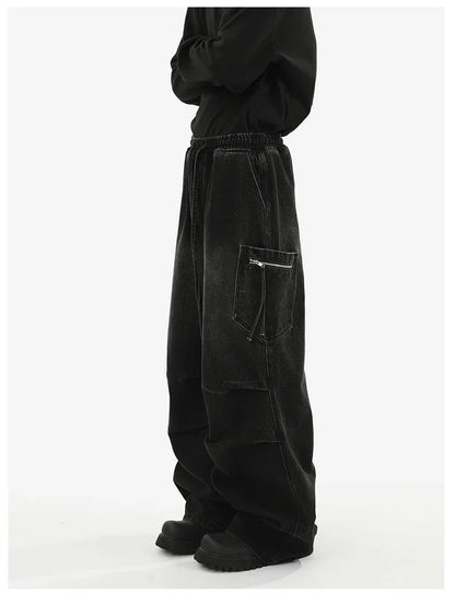 Pantalones vaqueros Cargo plisados de calle alta de otoño para Hombre, Pantalones vaqueros rectos de pierna ancha con bolsillo, moda Hip Hop Y2K, Vaqueros holgados