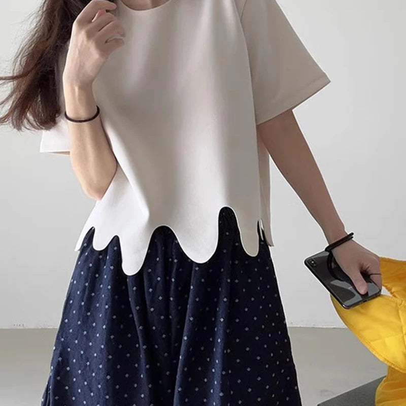 Camisetas de verano de moda coreana, camiseta informal de manga corta con cuello redondo y patrón de onda Irregular, camisetas simples