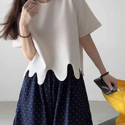 Camisetas de verano de moda coreana, camiseta informal de manga corta con cuello redondo y patrón de onda Irregular, camisetas simples