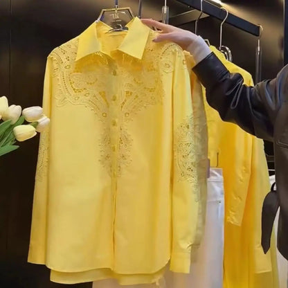 Marca de lujo, blusas de algodón con bordado de encaje calado y lentejuelas brillantes, camisas para mujer, Top informal holgado de manga larga de tendencia 2025