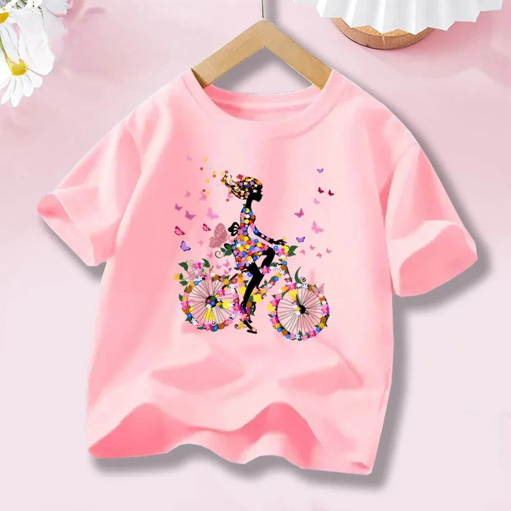 Camiseta de algodón de manga corta con estampado personalizado de mariposa y bicicleta para niña, moda de verano para niños