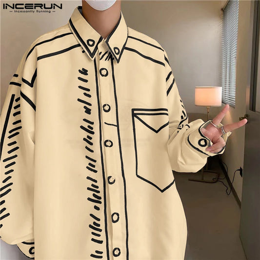 INCERUN Men Shirt Printed Lapel Long Sleeve Oversize Casual Men Clothing Streetwear 2025 Korean Style Fashion Men Clothing S-5XL