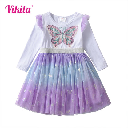 VIKITA niñas mariposa vestido elegante con lentejuelas niños otoño primavera púrpura gradiente malla tul princesa fiesta actuación vestido de graduación