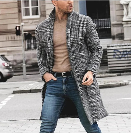 Chaqueta de hombre tendencia de otoño e invierno abrigo largo de lana juvenil a cuadros de mil pájaros para hombre