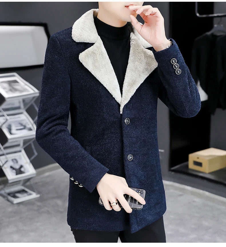 Chaquetas de lana de invierno coreanas para hombres, chaqueta de mezcla de lana gruesa de felpa con solapa, gabardina larga informal de negocios, abrigo de calle